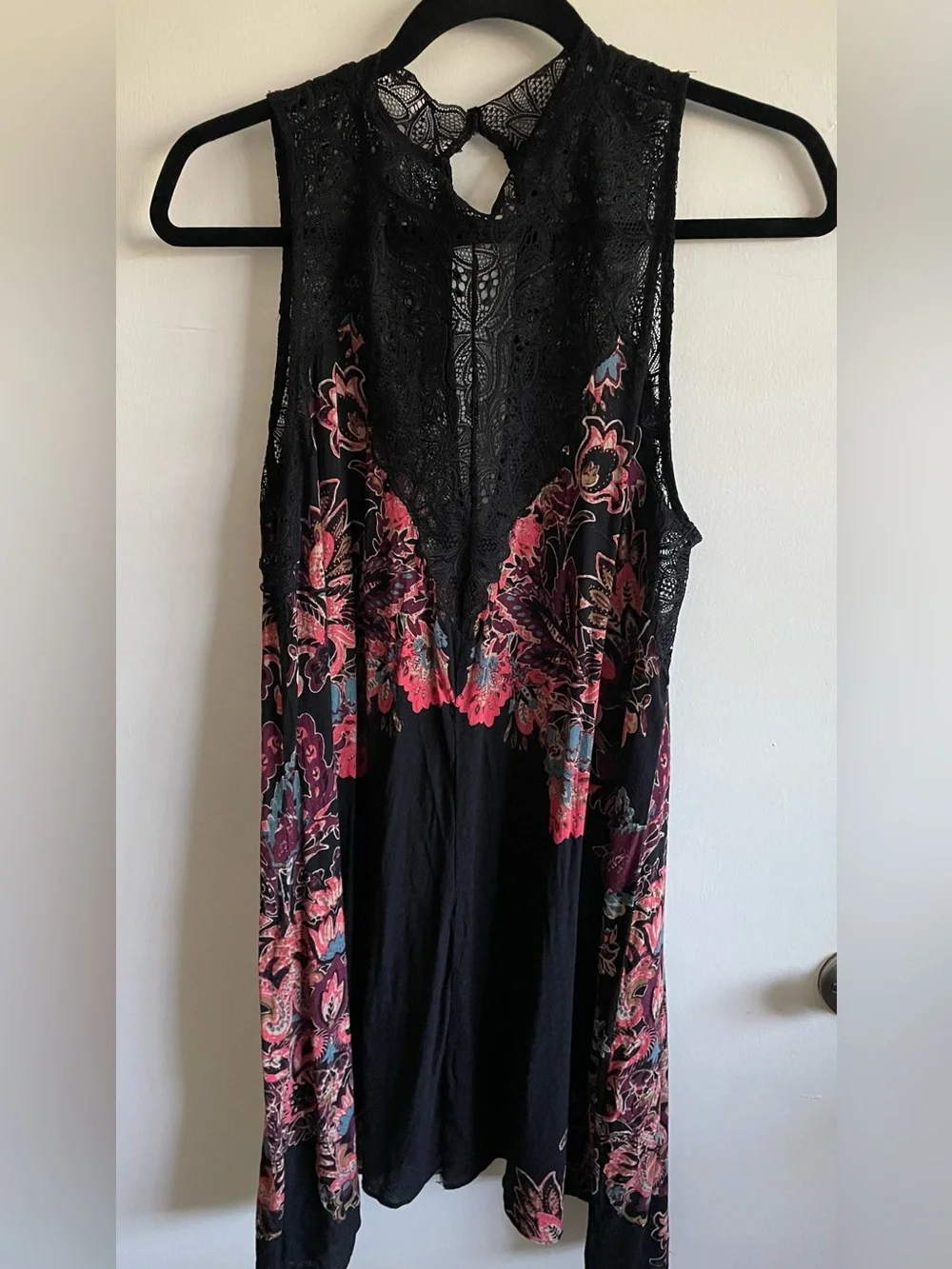 Free People Black Lace-Trim Floral Slip Dress with Pink and Blue Embroidery